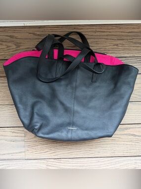 Vince Camuto Black Leather Tote with Hot Pink Interior Trim